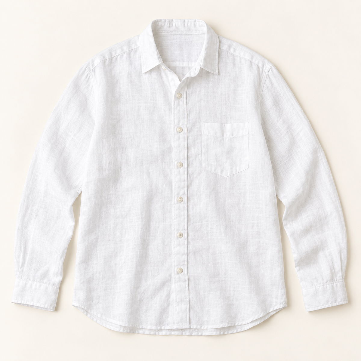 AI-generated sample: white men's linen button-down shirt